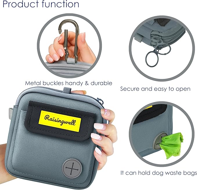 Dog Treat Pouch for Pet Walking and Training with Clicker Poop Bags and Three Bags Design Small Fanny Zipper Pack Holder for Puppy Snack Dispenser Kit for Leash and Outdoor Use (Gray)-PurrikoPets