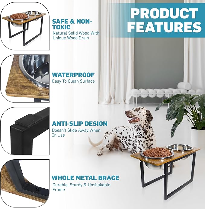 Elevated Dog Bowls for Large & Extra Large Breed Dogs - Raised Dog Feeding Station with Two Stainless Steel Bowls - Helps to Reduce Strain on Dog’s Neck & Joints - 3500 ML Capacity-PurrikoPets