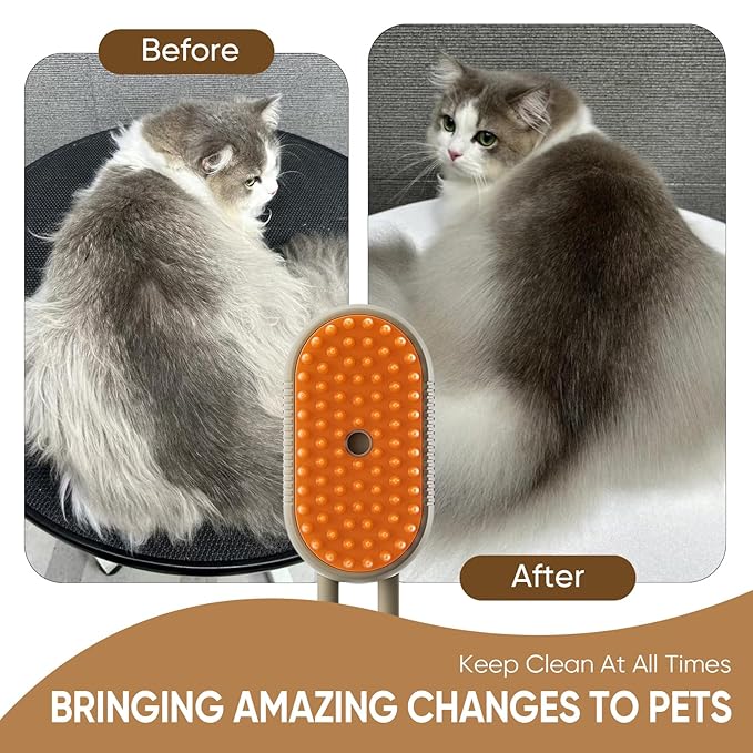 4-in-1 Cat Steam Brush for shedding–Self-Cleaning Comb for Long and Short Hair Cats and Dogs, Steam Pet Brush for Hair Removal, Vibrating Message, Grooming & Relaxation (Khaki)-PurrikoPets