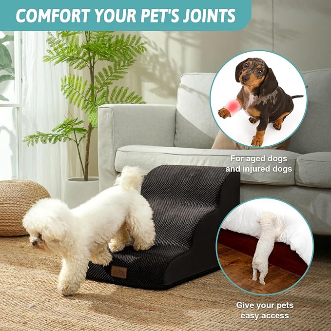 Dog Stairs for Small Dogs 15.7" H, Curved Dog Step for Puppy, Older Cat, Medium Pet Ramp for Sofa, Couch or Bed, Ladder with High Density Foam, 15.7x22.4x15.7 inch, 3 Step, Black-PurrikoPets