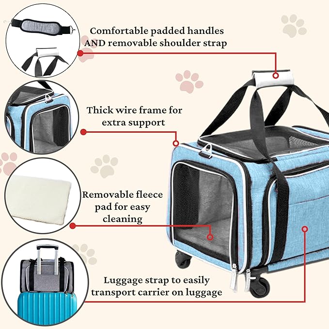 Airline Approved Expandable Premium Pet Carrier on Wheels- Two Sided Expandable Rolling Carrier- Designed for Dogs & Cats- Extra Spacious Soft Lined Carrier! - Light Blue-PurrikoPets