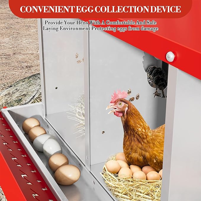 8 Hole Chicken Nesting Box with Roll Out Egg Tray, Rustproof & Ventilated Chicken Laying Boxes for Hens, Chickens, Ducks | Easy-Clean Poultry Coop Accessories, Red with Stand-PurrikoPets