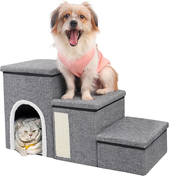 Dog Stairs for High Bed and Couch, 4 IN 1 Foldable Pet Stairs for Cats & Small and Medium Dogs, Adjustable Dog Steps with Pet Climbing Ladders/Cozy Condo/Storage Boxes/Cat Scratcher, Hold Up to 180LBS-PurrikoPets