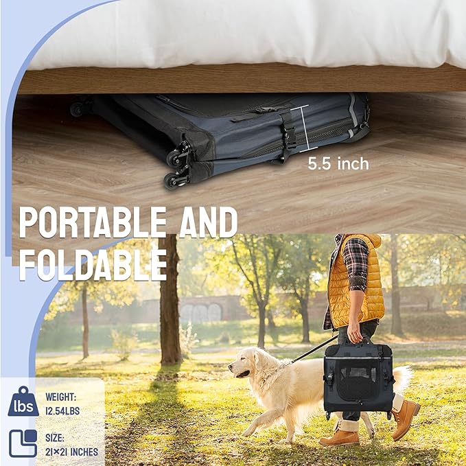 30IN Soft Collapsible Dog Crate w Detachable Wheels, Rolling Travel Dog Crate for Medium Breed Dogs, Portable Dog Kennel with Mesh Windows, Indoor & Outdoor Uses-PurrikoPets