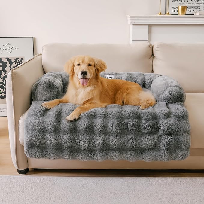 FUNNY FUZZY Pet Fluffy Fuzzy Calming Dog Couch Bed Sofa Protector Washable Pets Mat for Large Medium Small Dogs and Cats (Grey,37.4 × 33.46 × 6.3 in)-PurrikoPets