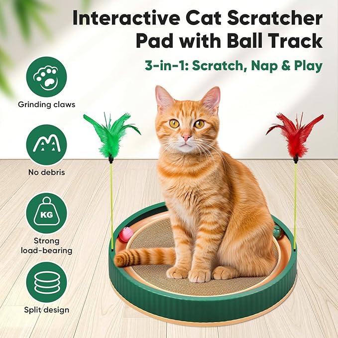 20-Inch Round Cat Scratcher with Ball Track – 3-in-1 Cardboard Scratching Pad with Feather Toy & Non-Slip Base – Interactive Cat Toy for Indoor Cats, Kittens & Large Cats (Green)-PurrikoPets