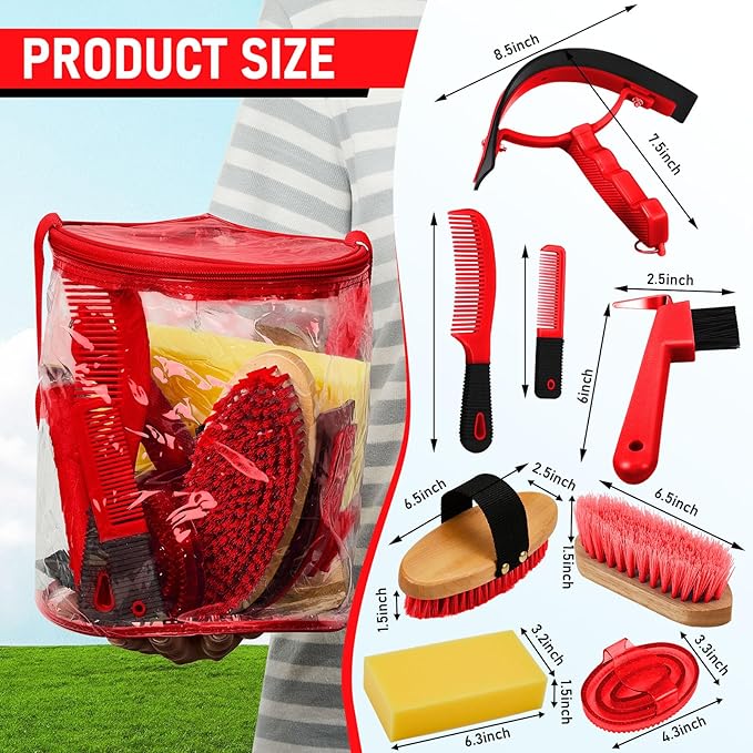 9 Pieces Horse Grooming Kit Tack Room Supplies Set with Organizer Tote Bag, Oval Massage Curry, Hard and Soft Brush, Hoof Pick, Sweat Scraper, Bathing Sponge, Combs for Horse Riders Beginners (Red)-PurrikoPets
