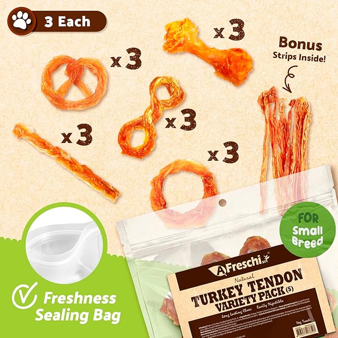 Afreschi Turkey Tendon Variety Pack (S) 8 oz, USA-Sourced Turkey Tendon, All Natural Puppy Chew, Hypoallergenic, Rawhide Alternative-PurrikoPets