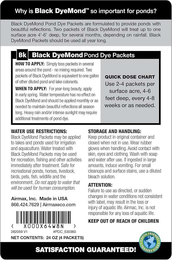 Airmax Black DyeMond Pond Dye Packets Natural Water Colorant for Ponds, Beneficial UV Blocking Color Concentrate, Maintain Clean & Clear Water, Fish, Bird & Animal Safe, 16 Packet-PurrikoPets