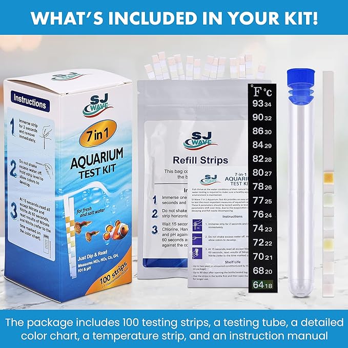 7 in 1 - Aquarium Test Strips | 100 Fast & Accurate Strips | Fish Tank Aquariums Water Test Kit & ebook | Aquarium Thermometer | Fish Tank Water Testing Kit for Fresh & Saltwater | Versatile Usage-PurrikoPets