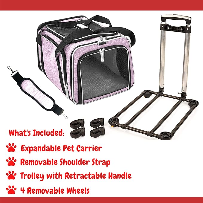 Airline Approved Expandable Premium Pet Carrier on Wheels- Two Sided Rolling Carrier- Designed for Dogs & Cats- Extra Spacious Soft Lined Carrier! - Pink (RL-PET-CARRIER-WHEELS)-PurrikoPets