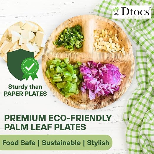 Dtocs 3 Compartment Plates (50 Pc) Palm Leaf 10 Inch Round Portion Control Buffet Sectional Plate | Bamboo Plates Disposable Like Compostable Camping Dinnerware Stronger than Divided Paper, Styrofoam-PurrikoPets