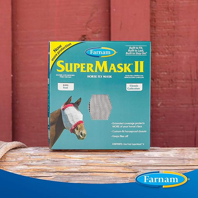 Farnam SuperMask II Fly Mask Without Ears for Foals, Full Face Coverage and Eye Protection from Insect Pests, Structured Classic Styling Mesh with Plush Trim, Foal Size-PurrikoPets