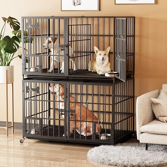 aboxoo 48 inch Stackable Heavy Duty Metal Dog Crate for 4 Dogs/Large Dog,All Metal Open Top Access,Escape Proof Cage,Dog Kennel Indoor with Wheels,Floor Grid, Tray, Divider and Feeding Bowl-PurrikoPets
