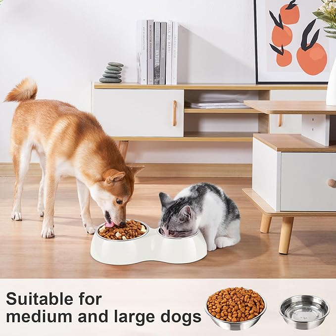 Elevated Dog Bowls Set - Non-Slip Raised Pet Feeder with Medium (10 oz) & Large (20 oz) Stainless Steel Bowls - Includes Durable Resin Stand for Puppies, Adult Dogs & Cats - White-PurrikoPets