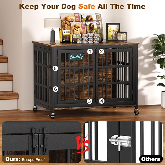 EasyCom 42"/41"/33" Dog Crate Furniture with Name Tag, XL Heavy Duty Dog Kennel Indoor for Large and Medium Dogs, Double-Doors Sturdy Dog Cage for Anxiety Dog, Decorate House as TV Stand-PurrikoPets