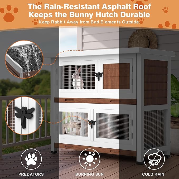 2 Story Rabbit Hutch, Indoor Outdoor Bunny Hutch Solid Wood Rabbit Cage with Removable Trays, Waterproof Asphalt Roofs and Ventilation Door, Small Animal House for Rabbit Guinea Pig Ferret, Walnut-PurrikoPets
