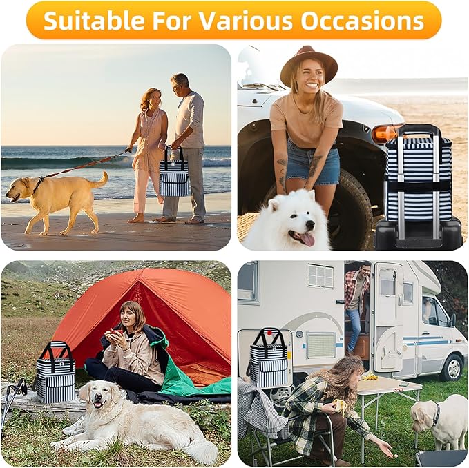 Dog Travel Bag for Camping - Pet Travel Accessories with 2 Collapsible Bowls, 2 Food Containers & Waterproof Feeding Mat - Portable Dog Carrier, Stripe (Small)-PurrikoPets