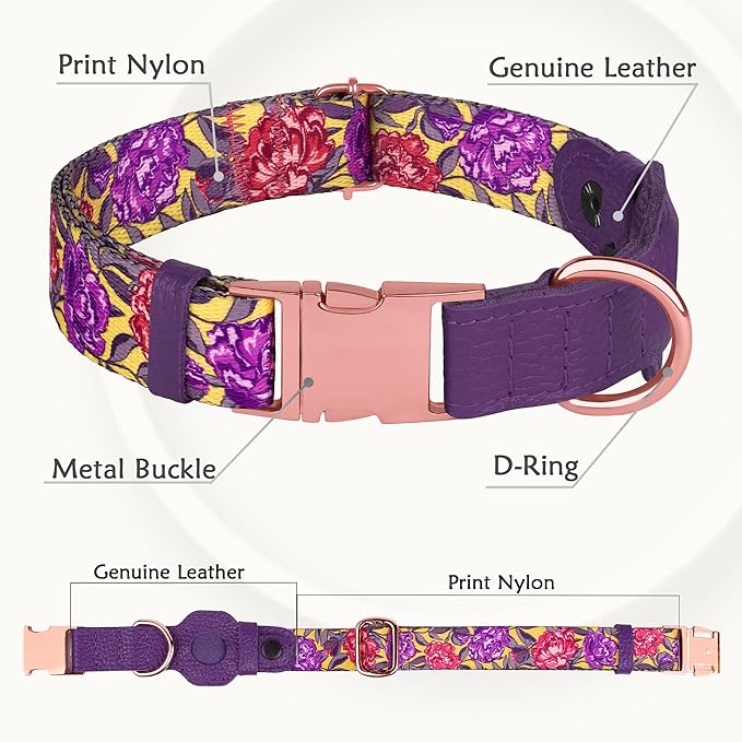 AirTag Dog Collar for Small Medium Large Breed - Adjustable Cute Pattern Dog Collar with Airtag Holder - Soft Leather Tracker GPS Apple Air Tag Pet Collars (Small, 12"-15" Neck Fit, Peonies)-PurrikoPets