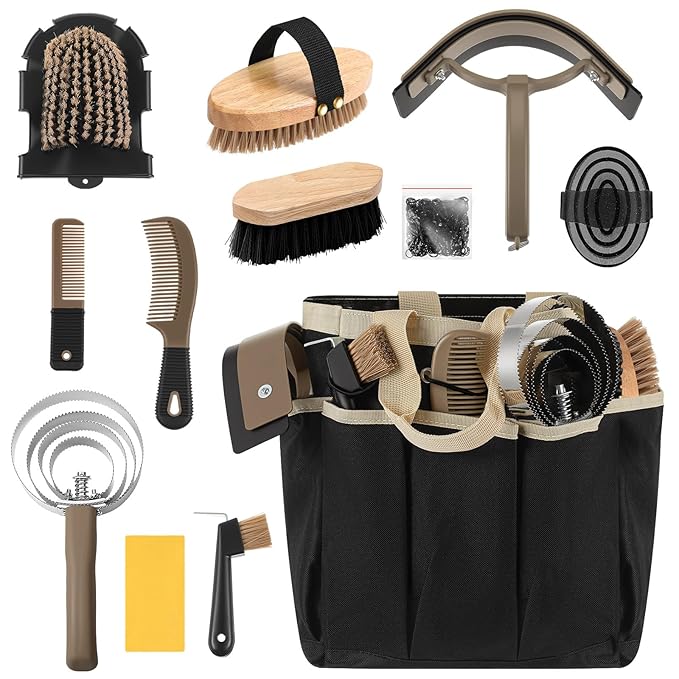 Abbylike 12 Pieces Horse Grooming Kit with Organizer Tote Bag Tack Room Supplies Horse Brush Sets Equine Care Cleaning Kit Shedding Grooming Massaging Tools(Khaki)-PurrikoPets