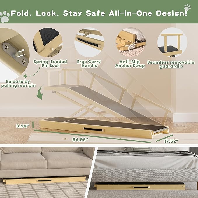 6 Level Height Adjustable Dog Ramp for Bed, Couch 65" Foldable Pet Ramp with Non-Slip Mat，DIY Glow Strips & Rest Platform Heavy Duty Dog Stairs for Large Dogs up to 200Lbs ，Wood Color-PurrikoPets