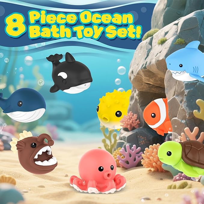 8 PCS Ocean Animal Bath Toys Mold Free Infant Bath Tub Toys for 12 Months - No Hole Bathtub Toys for Toddlers 1-3 Water Pool Toys for Baby Toddler Ages 1+-PurrikoPets