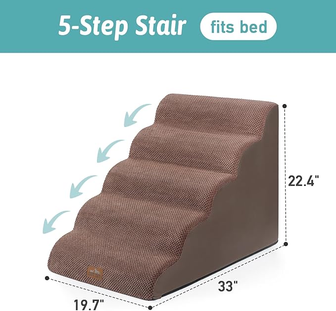 Extra Wide Dog Stairs 19.7" Width, Large Pet Step for Small Medium Dog, Puppy or Cat, Ramp for High Bed or Car, High Density Foam Ladder, Stable, 5 Step, 19.7x33x22.4 inch, Brown-PurrikoPets