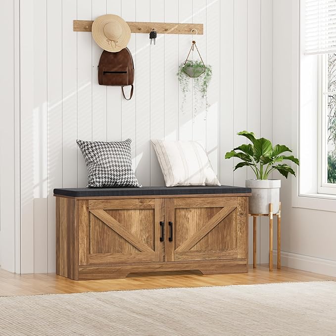 2-Tier Storage Bench, Shoe Bench with Padded Seat Cushion, Entryway Bench with 2 Barn Doors, Adjustable Shelf, 13.8" D x 39.4" W x 17.7" H, for Entryway, Living Room, Bedroom, Rustic Walnut-PurrikoPets
