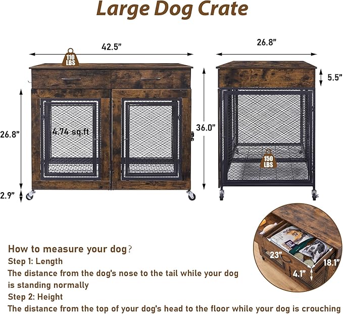 43" Large Dog Crate Furniture, Wood Dog Kennel End Table with Drawers, Decorative Pet Crate with Removable Partitions & Wheels, Dog House Indoor for Large/Medium/Small Dogs-PurrikoPets