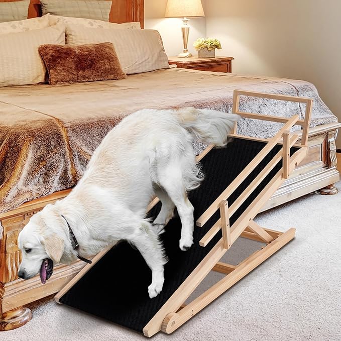 Dog Ramp for Bed, Adjustable Pet Ramps for Dog to Get on Bed, Non-Slip Rubber Surface - Folding Wooden Dog Ramp for Small/Large/Old Dogs, Adjustable up to 23.5 inch High Beds, Safety Railings-PurrikoPets
