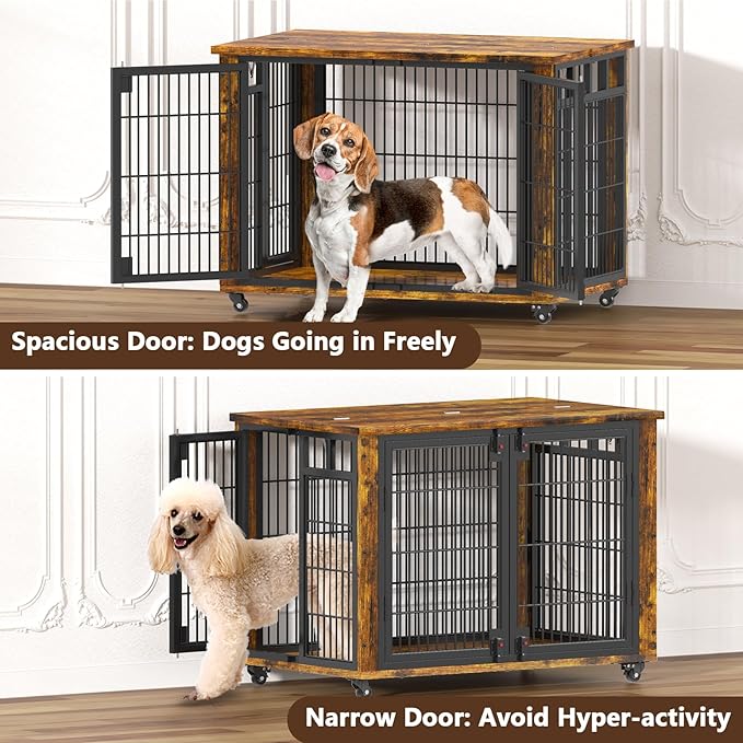 EasyCom 90% Pre-Assembled 33" Small and Meidum Dog Kennel Indoor Furniture, Wooden Dog Crate Furniture with Top-Access Teasing/Feeding Doors, for Medium and Small Breed, with Wheels Moveable-PurrikoPets