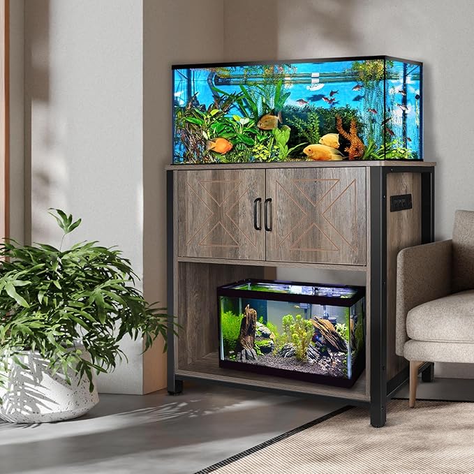 40 Gallon Aquarium Stand with Cabinet & Power Outlets, Heavy Duty Metal Stand for 40-50 Gallon Breeder & Turtle Tanks, Double Terrarium Stand, 660LBS Capacity, Grey-PurrikoPets