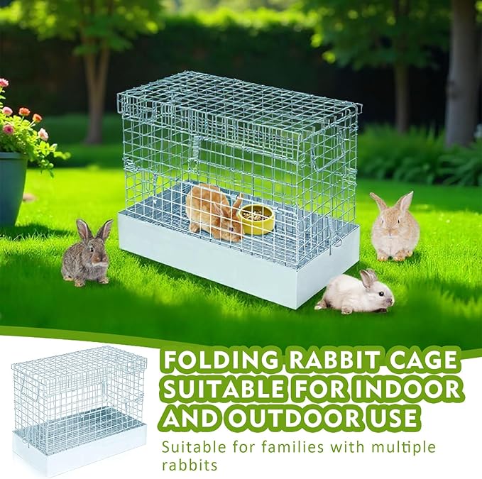 Folding Rabbit Cage, 18 x 10 x 14 in Portable Bunny Carrier with Tray and Handles for Transport, Travel or Temporary Housing, Indoor Outdoor Pet Habitat Animal Enclosure-PurrikoPets