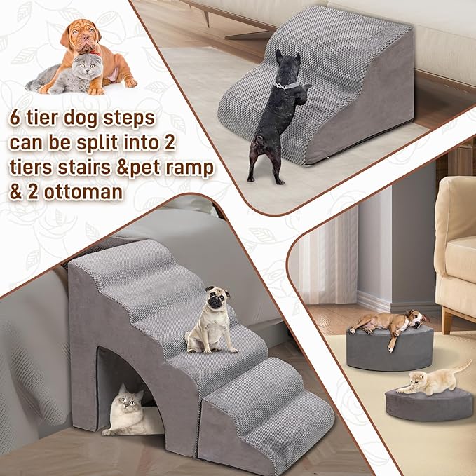 Foam Dog Stairs & Steps Ramps for High Beds 30 inches Tall for Small Dogs and Cats, LitaiL 6 Step Pet Stairs Steps for High Beds 30 inch Large Dogs, Non-Slip Dog Ramps for Older Cat-PurrikoPets