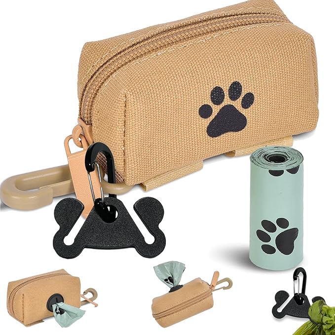 Dog Waste Bag Dispenser Pet Poop Bag Dispenser for Leash Accessory dog Poop Bag Holders Fits Dog Leash Include Hand Free Holder, Khaki, No-KaqiXB-PurrikoPets