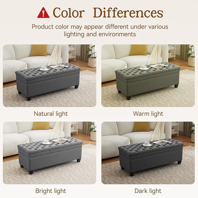 51" Fabric Storage Ottoman Bench, Upholstered Rectangle End of Bed Storage Ottoman Tufted Living Room Bedroom Bench with Safety Hinge, Solid Wood Legs, Loads 500 lb(Dark Grey)-PurrikoPets