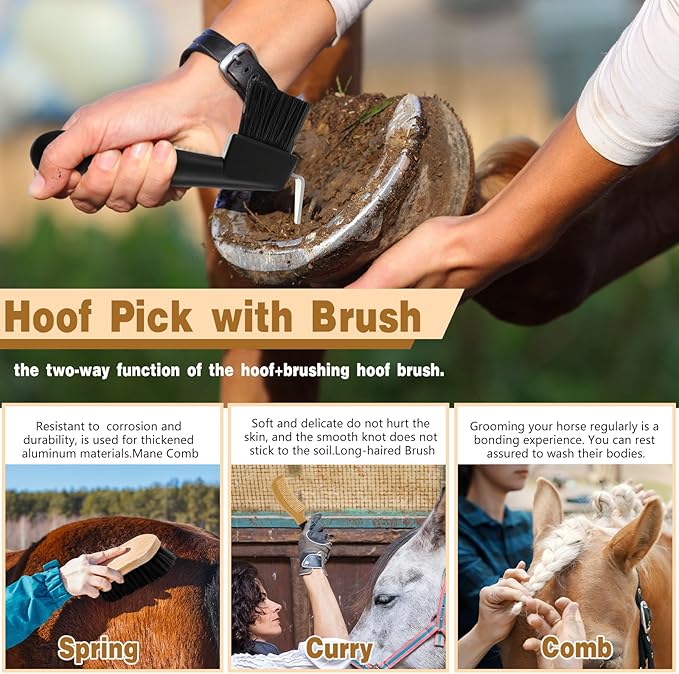 Abbylike 12 Pieces Horse Grooming Kit Racing Festival Tack Room Supplies Horse Brush Sets Equine Care Cleaning Kit Shedding Grooming Massaging Tools(Black)-PurrikoPets