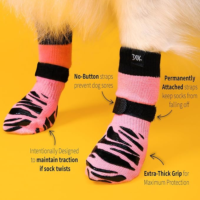 DOK TigerToes Premium Non-Slip Dog Socks for Hardwood Floors - Extra-Thick Grip That Works Even When Twisted - Prevents Licking, Slipping, and Great for Dog Paw Protection (Sassy Pink, Large)-PurrikoPets