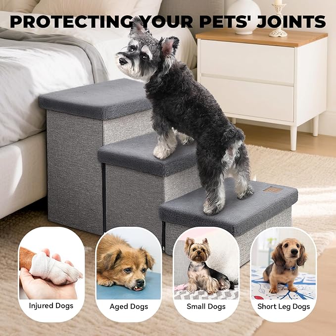Dog Stairs with Furry Lids 18" H, 3-Step Wider Dog Steps with Storage for Small/Medium/Large Old Dogs Cats, Folding Sturdy Pet Stairs Climbing Bed Couch, Ramp for Car Hold Up to 200 lbs, Grey-PurrikoPets