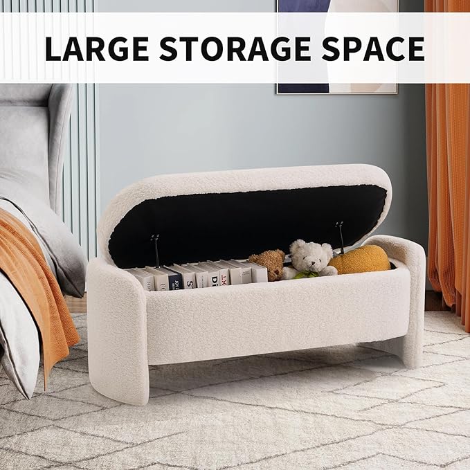 47.6 Inch Lamb Fleece Oval Storage Bench Upholstered Ottoman Bench with Storage, Bedroom Bench with Large Storage Space, for Bedroom Living Room Entryway, Beige-PurrikoPets