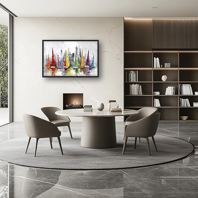 Framed Large Sailboat Wall Art for Living Room, Oversized Abstract City Wall Decor Colorful Sailboat Canvas Painting Pictures Modern Artwork for Living Room Bedroom Office Dinging Room 36"x24"-PurrikoPets