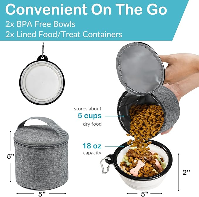 Dog Travel Bag with Treat Pouch, Airline Approved Dog Bags for Traveling, 2 Dog Food Travel Container, 2 Travel Bowls, Weekend Dog Travel Bag for Supplies, Dog Travel Kit Accessories-PurrikoPets