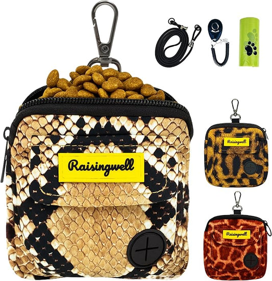 Dog Treat Pouch for Pet Walking and Training with Clicker Poop Bags and Double Bag Design Small Fanny Zipper Pack Holder for Puppy Snack Dispenser Kit for Leash and Outdoor Use Snake Skin-PurrikoPets