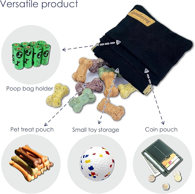 Dog Treat Pouch, Black Pocket Sized Pet Training Pouch, Cotton Fabric, Hand Free Dog Walking Bag with Carabiner, Self-Closing Pet Feed Snack Reward, for Pet Puppy Travel or Outdoor Use-PurrikoPets
