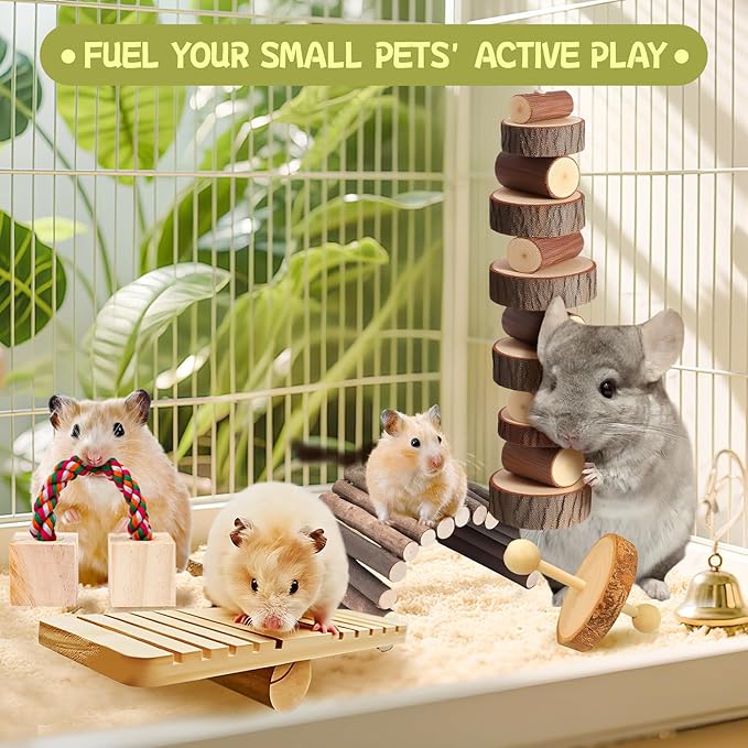 18 PCS Hamster Chew Toys Set, Natural Apple Wood Guinea Pig Toys, Hamster Cage Accessories Include Bridge, Seesaw, Carrot, Timothy Straw Stick Dental Care for Rat Gerbil Chinchilla Rabbits-PurrikoPets