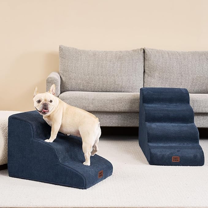EHEYCIGA Curved Dog Stairs Ramp for Small Dogs 15.7" H, 3-Step Dog Steps for Couch Sofa and Chair, Pet Stairs for Cats, Non-Slip Balanced Pet Steps Indoor, Navy-PurrikoPets