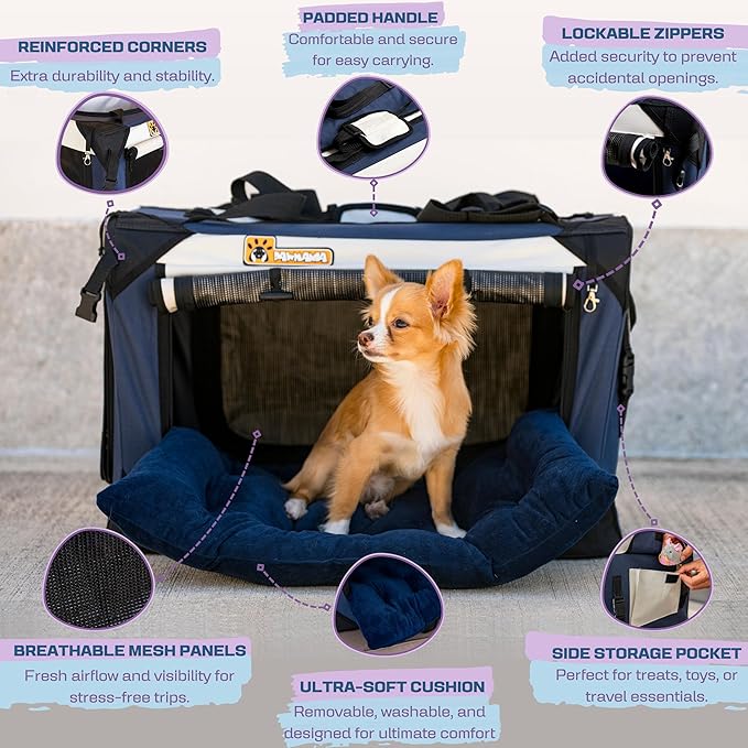 Extra Large Dog Cat Puppy Carrier 24"x16"x16" Foldable Soft Sided Travel Crate Portable Pet Kennel With Cushion Reduces Anxiety Saves Space Easy Vet Visits Secure Triple Entry Mesh Lightweight Durable-PurrikoPets