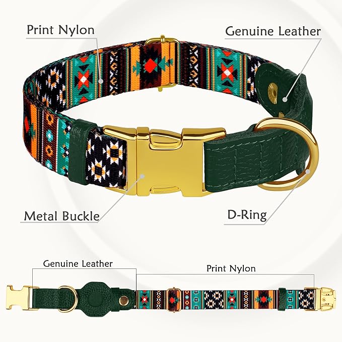 AirTag Dog Collar for Small Medium Large Breed - Adjustable Cute Pattern Dog Collar with Airtag Holder - Soft Leather Tracker GPS Apple Air Tag Pet Collars (Large, 17"-21" Neck Fit, Tribal)-PurrikoPets