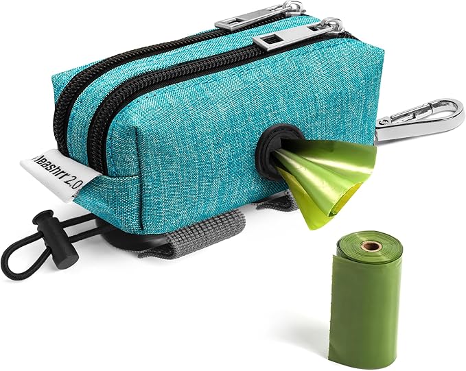Dog Poop Bag Holder for Leashes - Dog Poop Bag Dispenser and Treat Holder with 2 Waterproof Pouches for Pet Waste Bags and Walking Accessories + 1 Free Roll - Leashrr 2.0 (Teal)-PurrikoPets