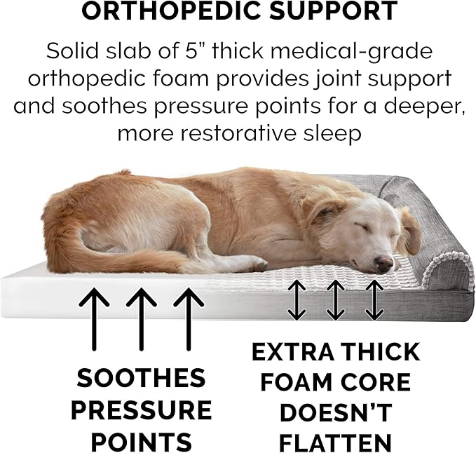Furhaven Orthopedic Dog Bed for Large Dogs w/ Removable Bolsters & Washable Cover, For Dogs Up to 125 lbs - Luxe Faux Fur & Performance Linen Sofa - Charcoal, Jumbo Plus/XXL-PurrikoPets